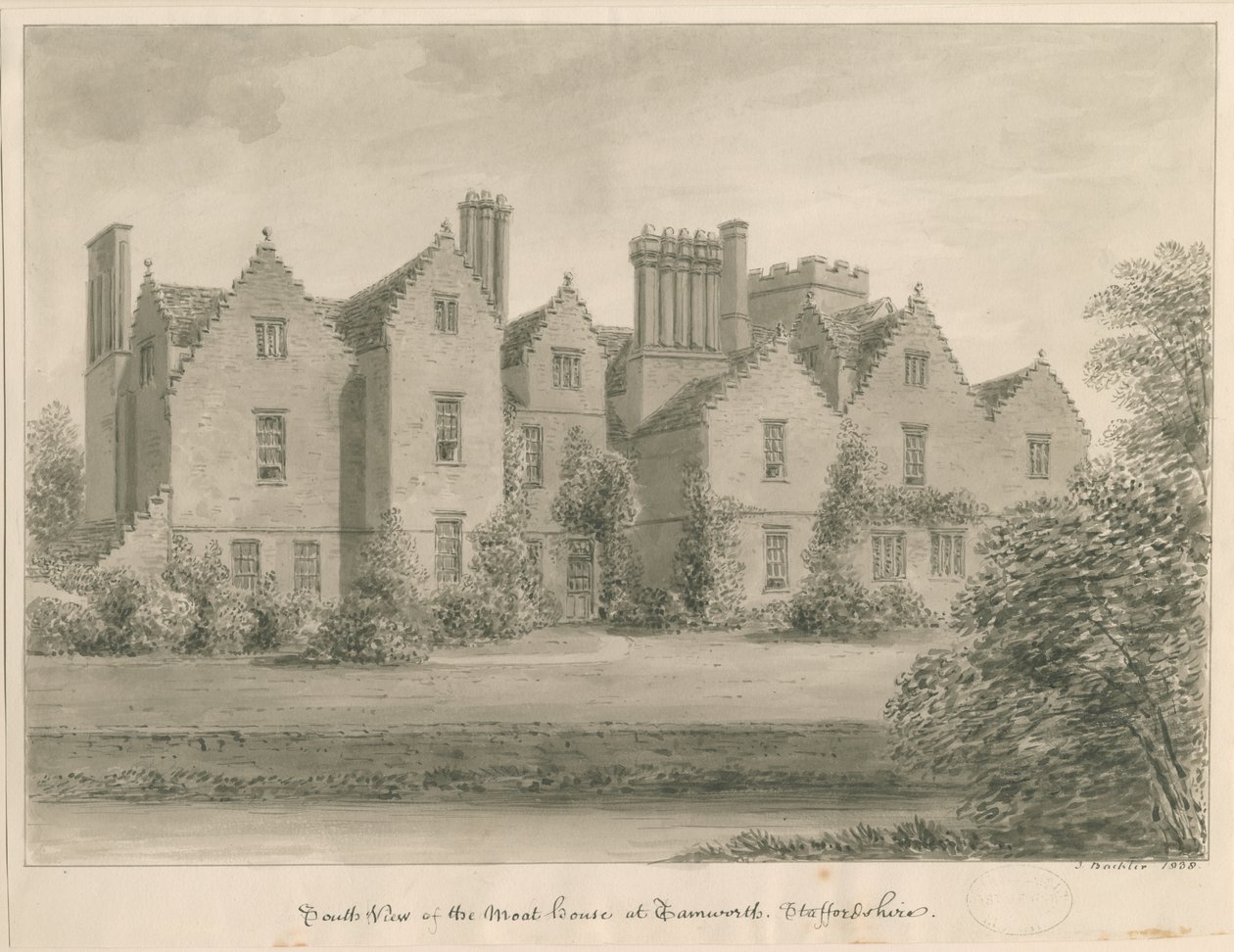Tamworth - The Moat House: sépiová kresba od John Buckler