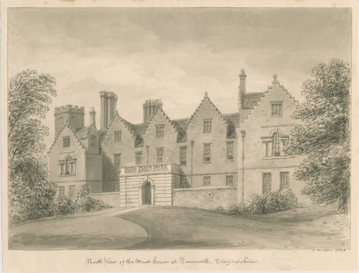 Tamworth - The Moat House: sépiová kresba od John Buckler
