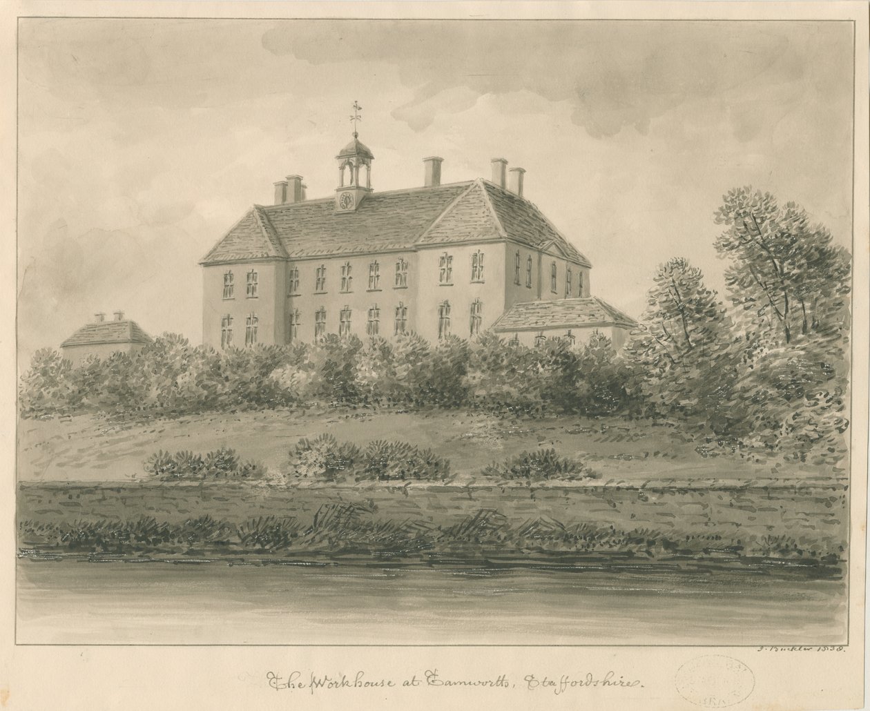 Tamworth - The Workhouse: kresba sépie, 1838 od John Buckler