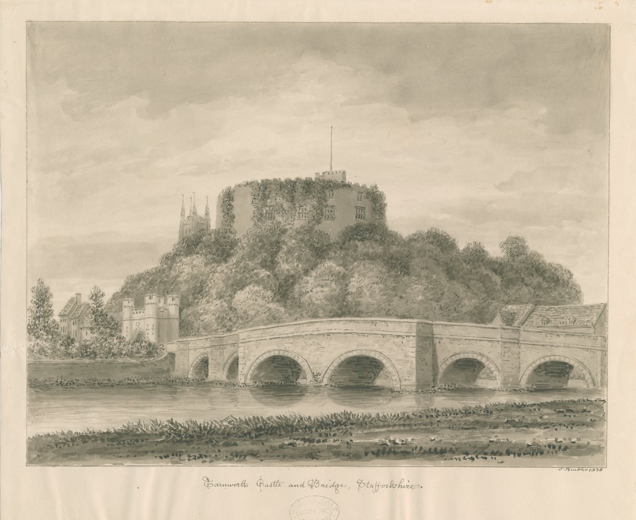 Hrad a most Tamworth: sépiová kresba od John Buckler