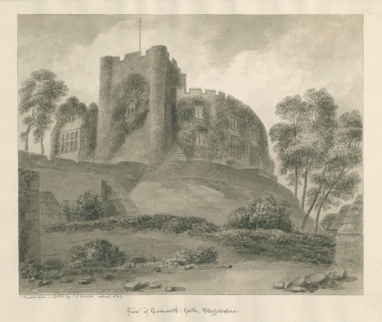 Hrad Tamworth: sépiová kresba, duben 1849 od John Buckler