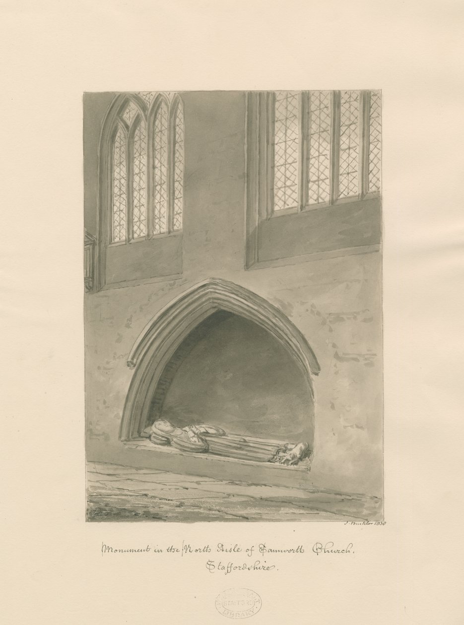 Tamworth Church - Památník kněze: sépie kresba od John Buckler