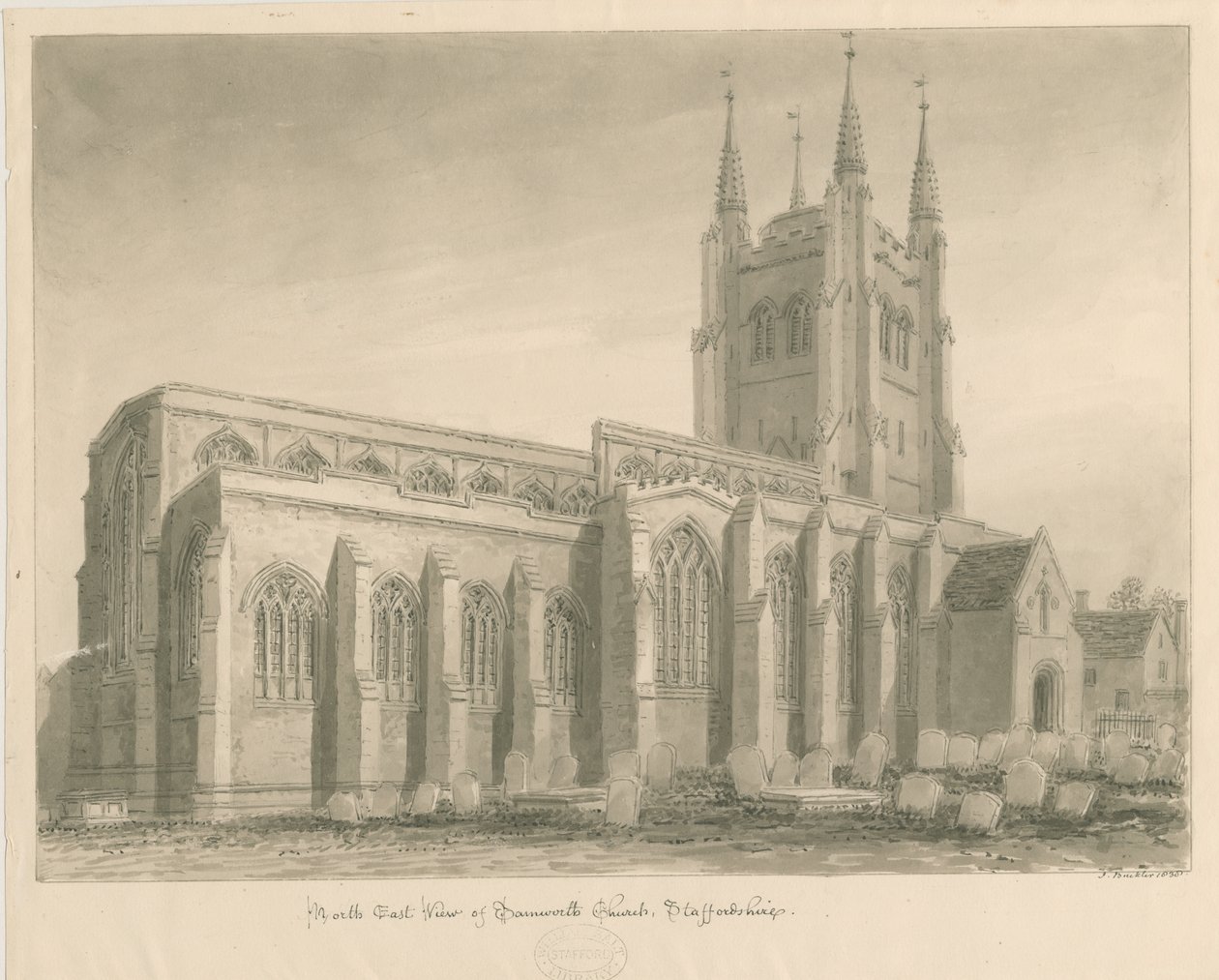 Tamworth Church: sépiová kresba od John Buckler