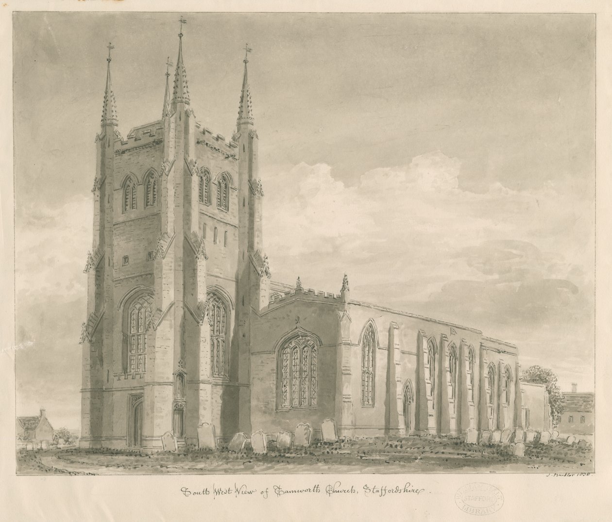 Tamworth Church: sépiová kresba od John Buckler