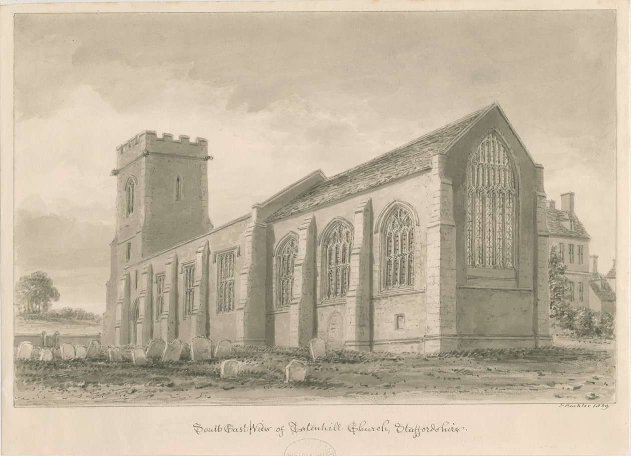 Tatenhill Church: sépiová lavírovaná kresba od John Buckler