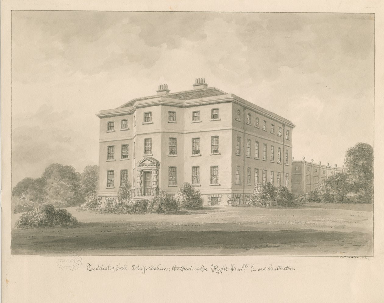 Teddesley Hall: sépiová lavírovaná kresba, 1841 od John Buckler