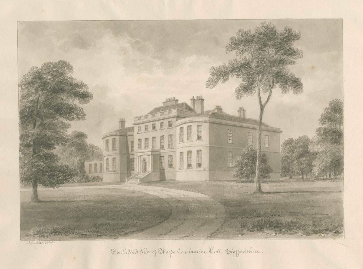 Thorpe Constantine Hall: sépiová lavírovaná kresba, 1848 od John Buckler