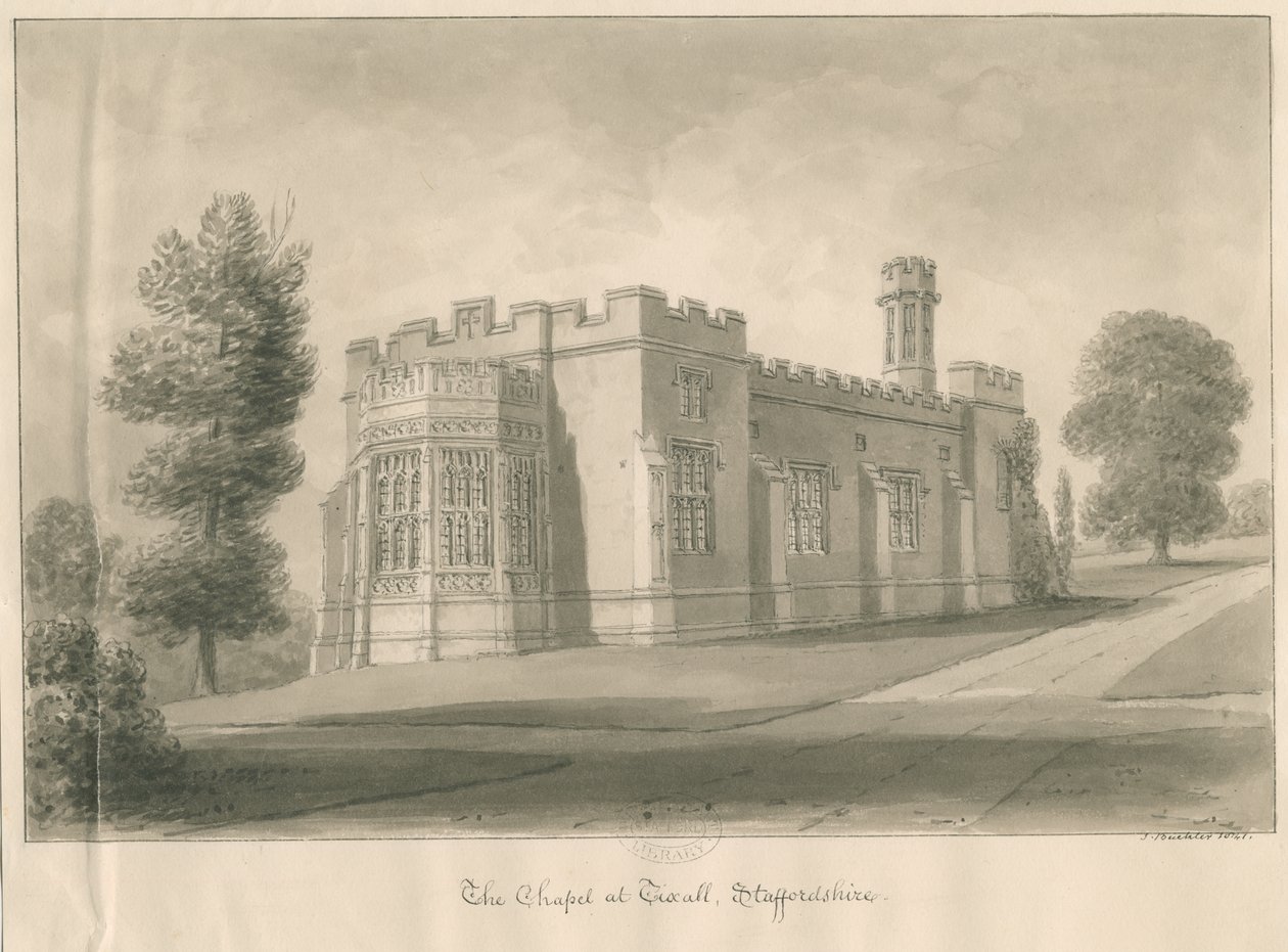 Tixall - Kaple v Tixall Hall: sépiová lavírovaná kresba od John Buckler