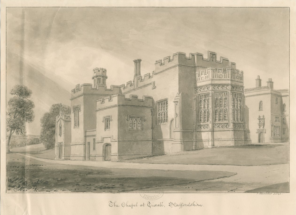 Tixall - Kaple v Tixall Hall: sépiová kresba, 1841 od John Buckler
