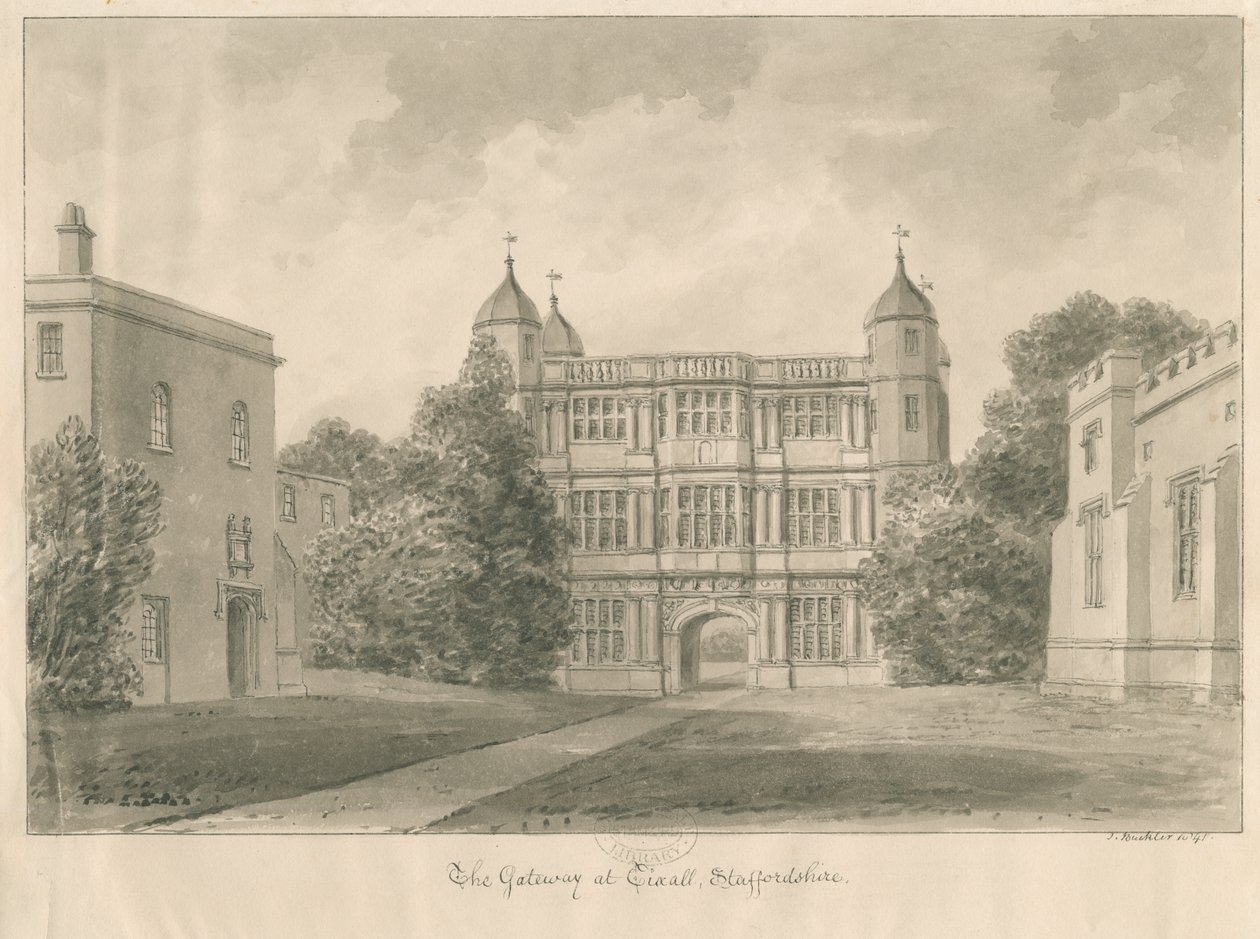 Tixall Hall and Gatehouse: sépiová kresba, 1841 od John Buckler
