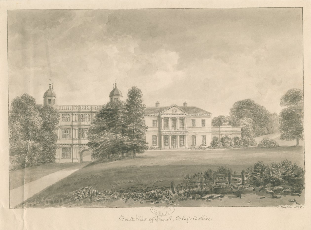 Tixall Hall and Gatehouse: sépiová kresba, 1842 od John Buckler