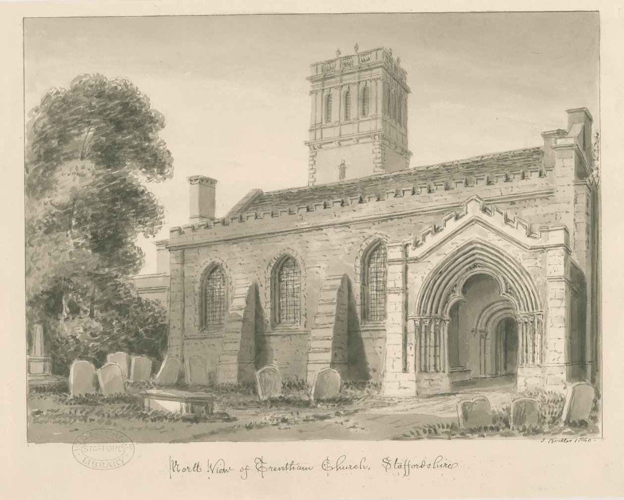 Trentham Church: sépiová lavírovaná kresba, 1840 od John Buckler
