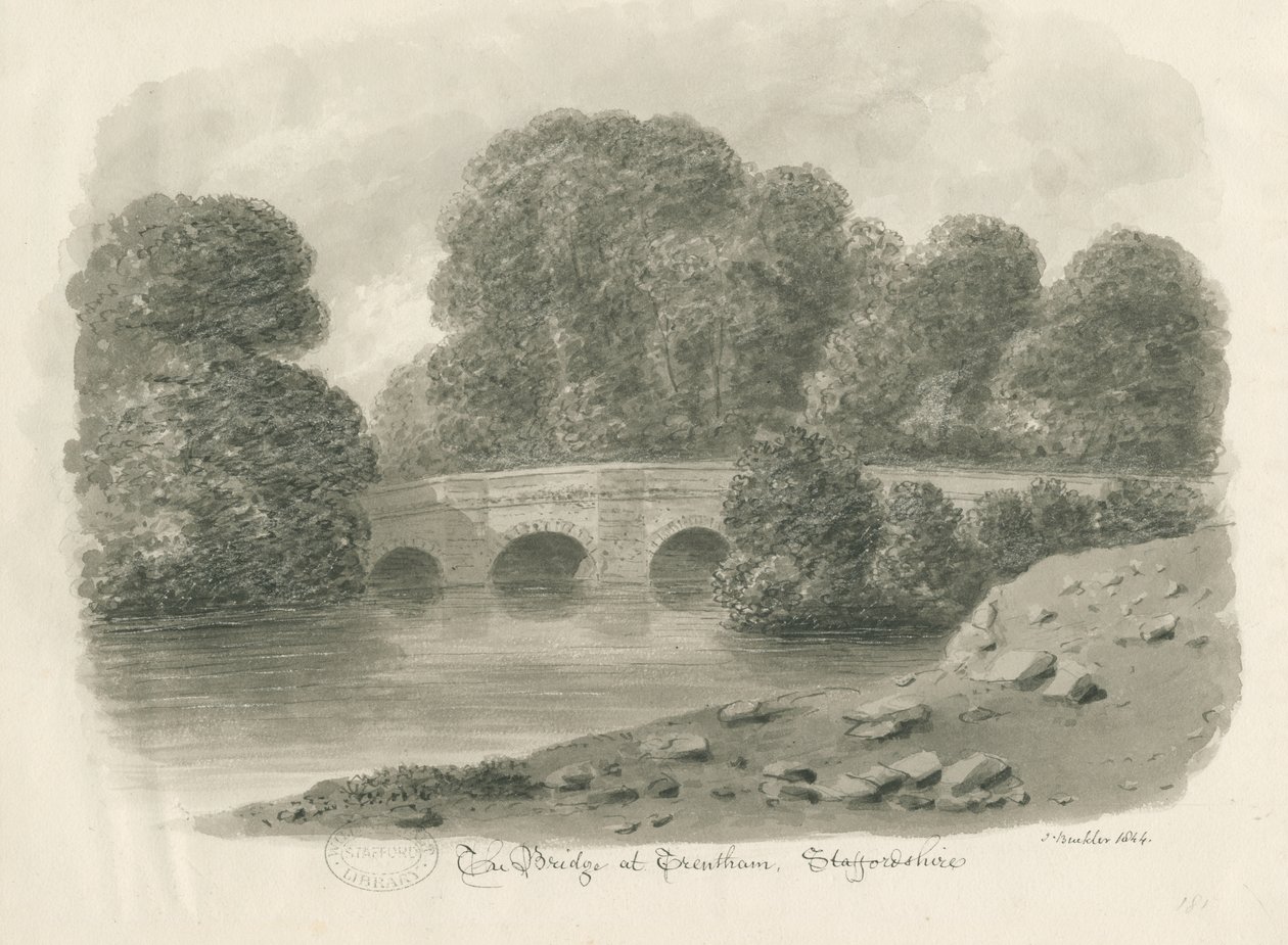 Trentham Hall - Bridge: sépiová kresba, 1844 od John Buckler