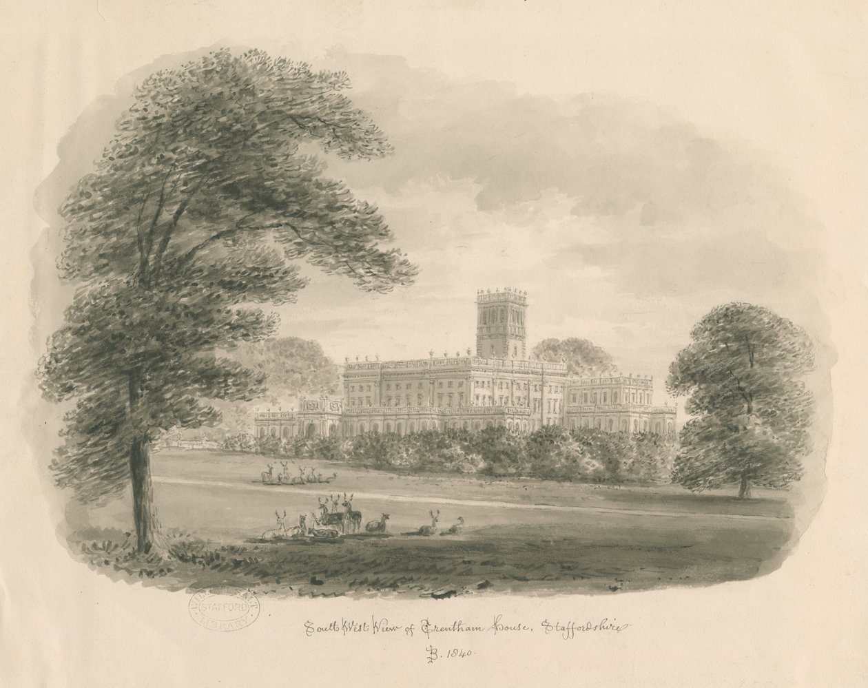 Trentham Hall: sépiová kresba, 1840 od John Buckler