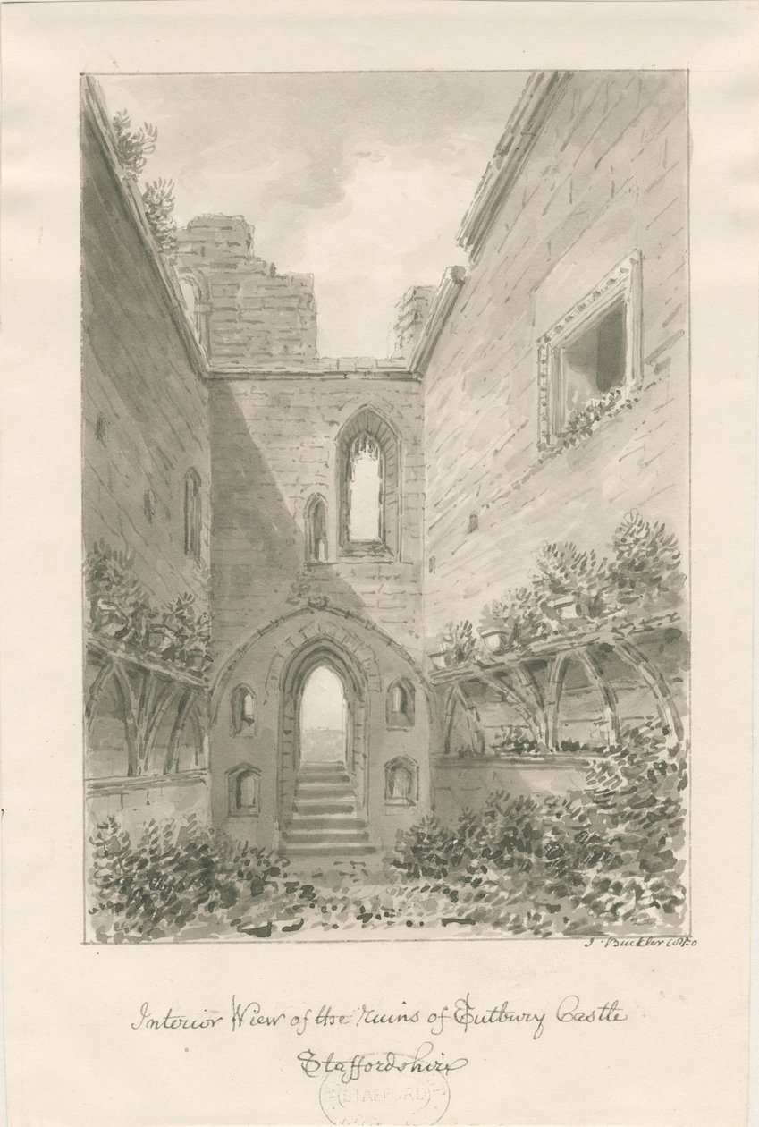 Tutbury Castle - Interior of Ruins: sépiová kresba od John Buckler