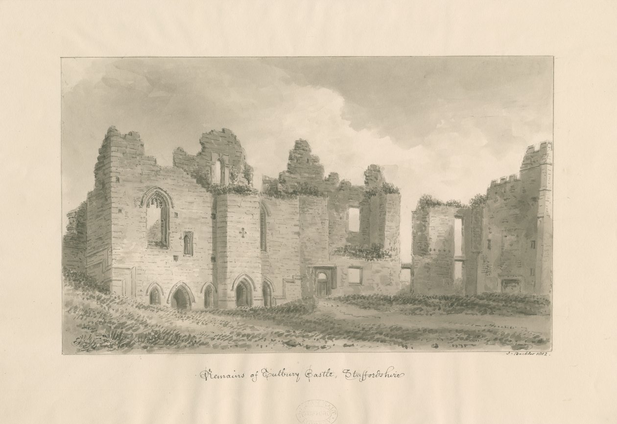 Hrad Tutbury - Pozůstatky z vnitřního nádvoří: sépiová kresba, 1812 od John Buckler