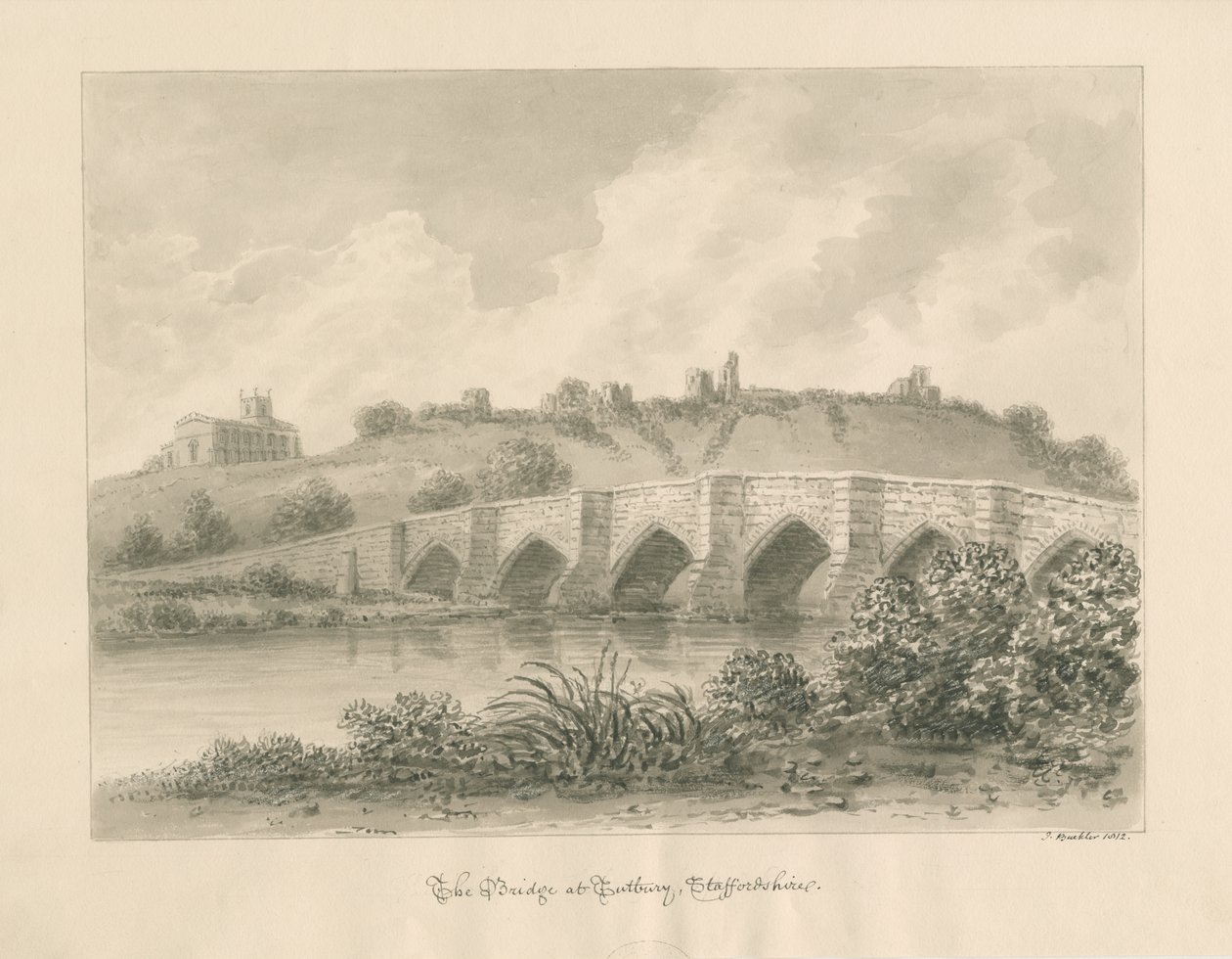 Tutbury Castle, Church and Bridge: sépie lavírovaná kresba od John Buckler