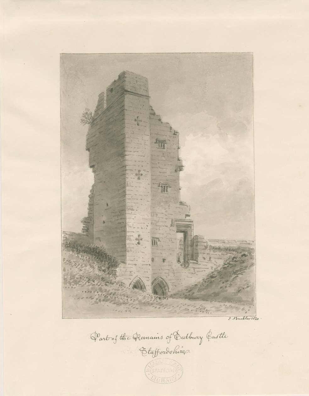 Hrad Tutbury: sépiová lavírovaná kresba od John Buckler