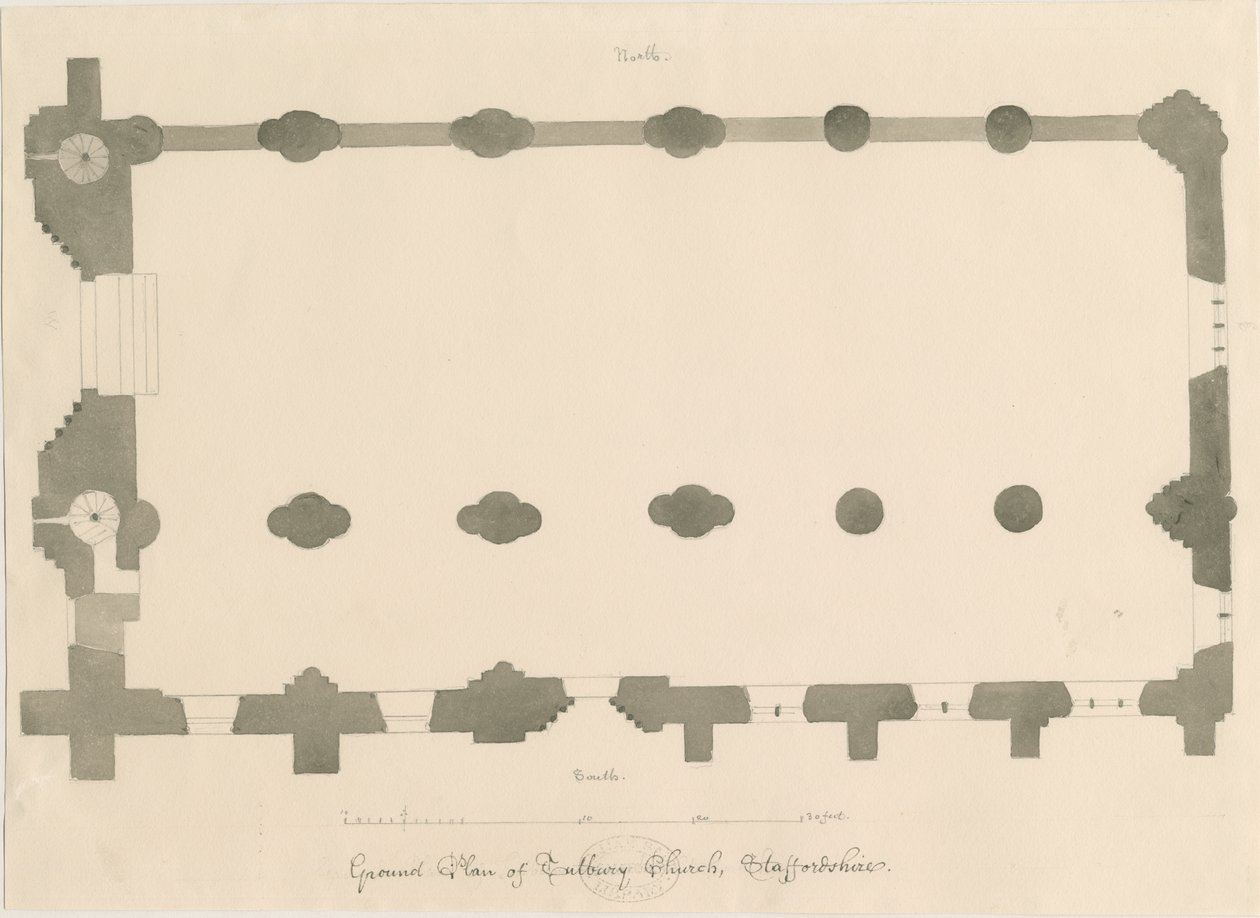 Tutbury Priory Church - Plán: kresba tužkou a sépií, nd [? 1812] (kresba) od John Buckler