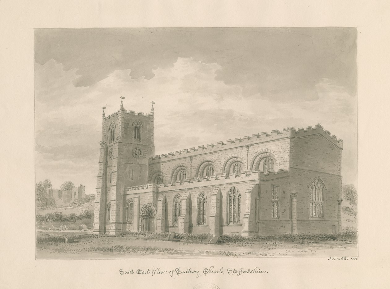 Kostel převorství Tutbury: sépiová kresba, 1812 od John Buckler