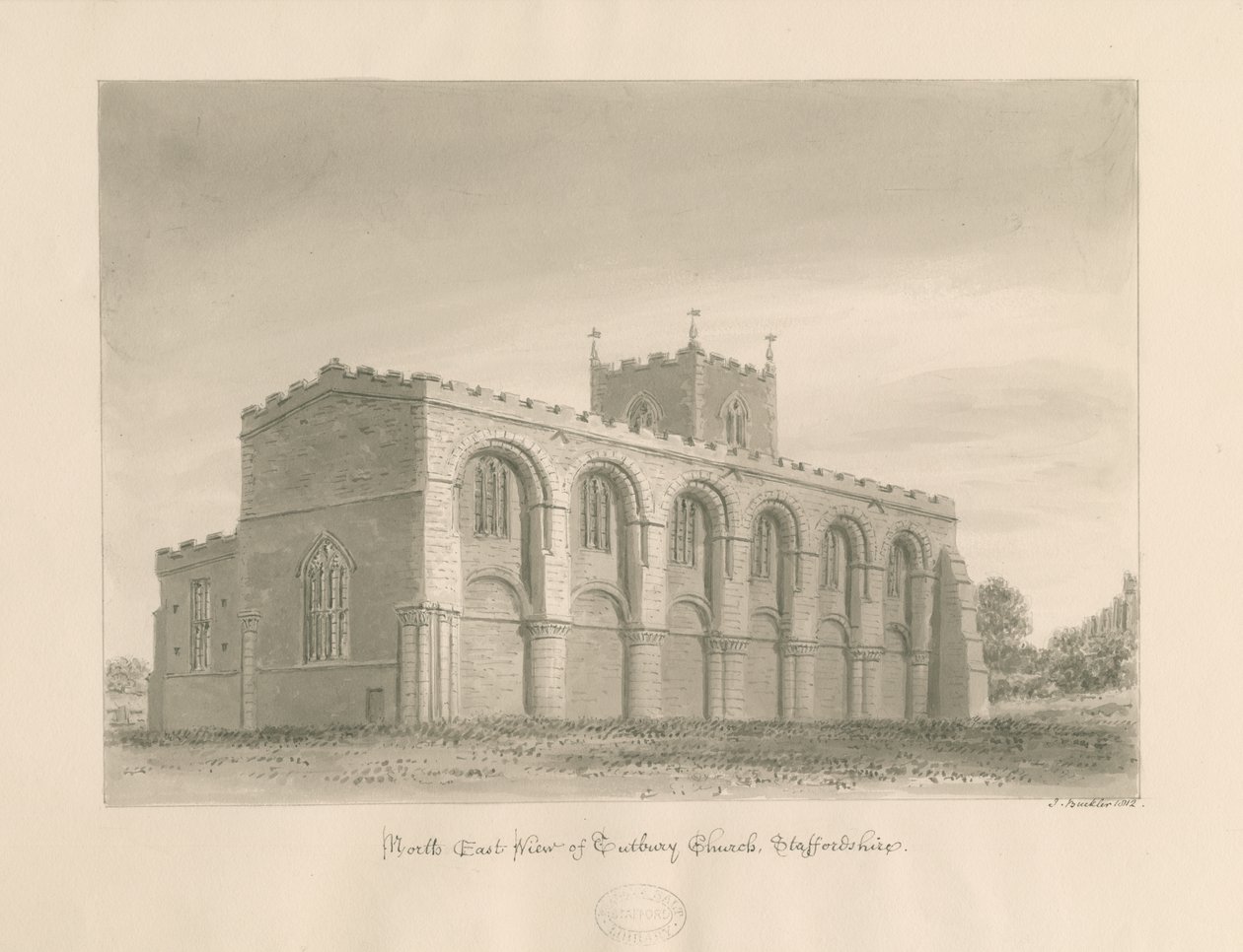 Kostel převorství Tutbury: sépiová kresba, 1812 od John Buckler