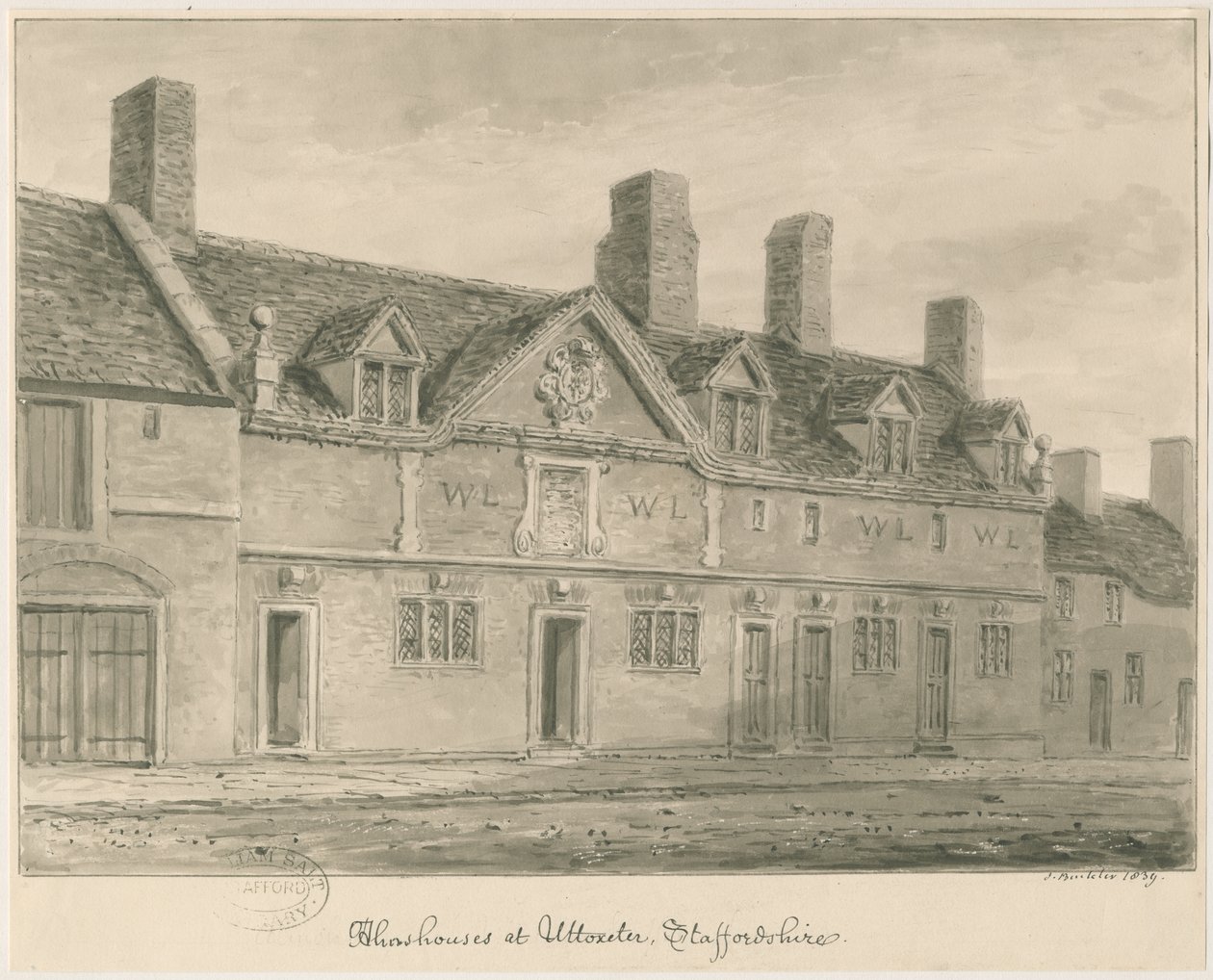 Uttoxeter Town - Almshouses: sépiová kresba, 1839 od John Buckler