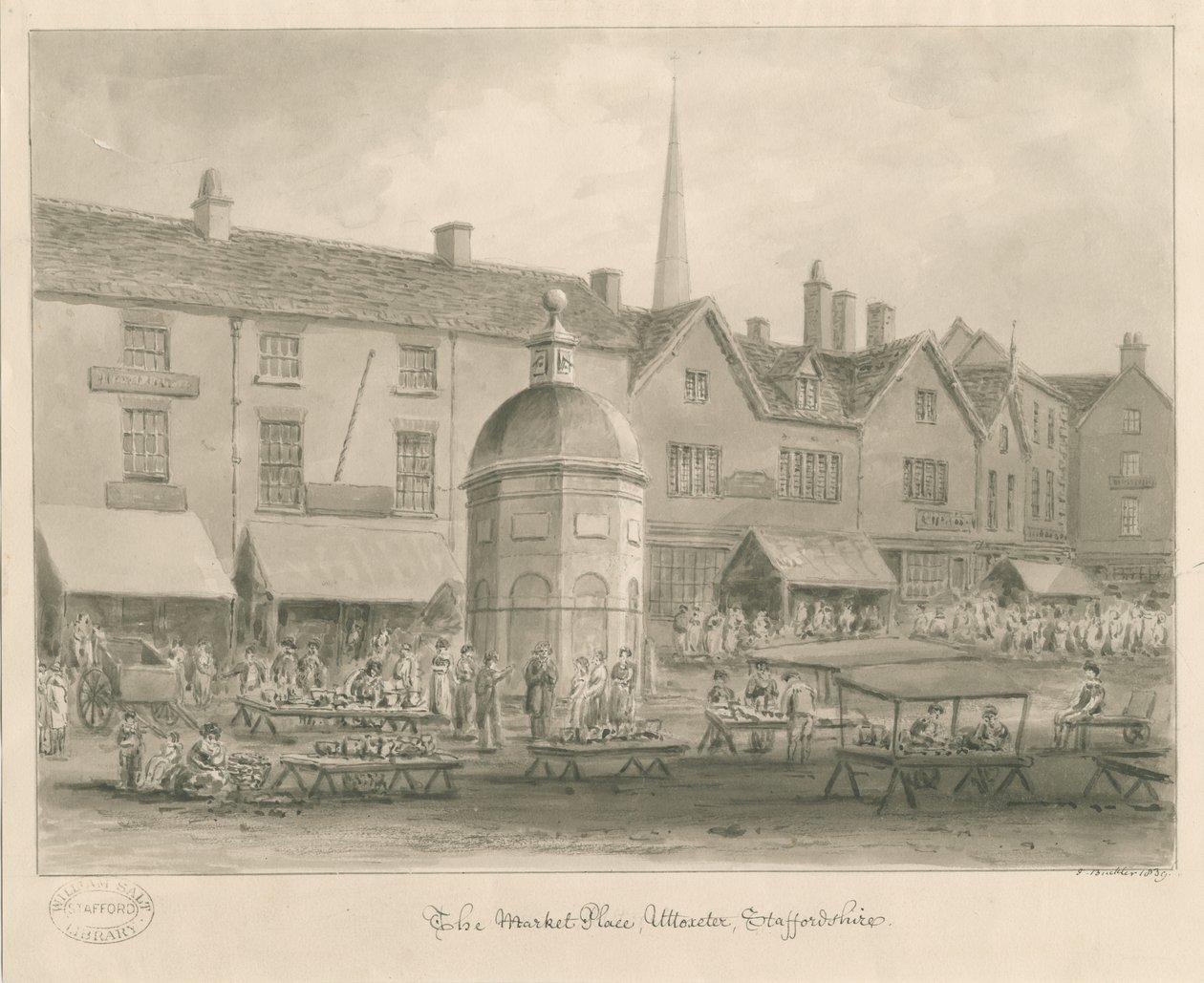 Uttoxeter Town - Market Place: sépiová kresba od John Buckler