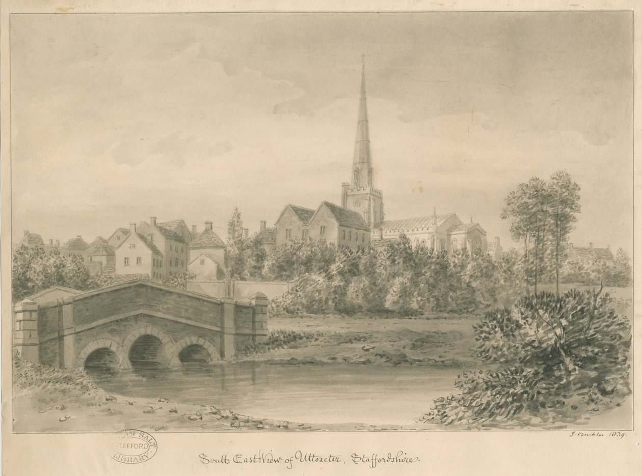 Uttoxeter Town: sépiová lavírovaná kresba, 1839 od John Buckler