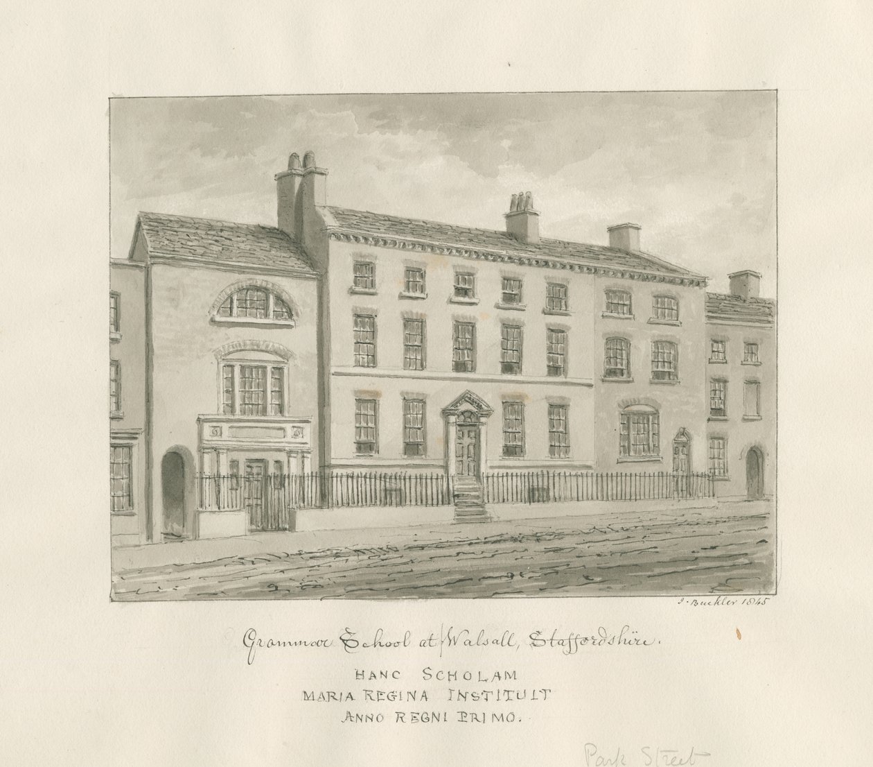Walsall Town - Gymnázium: sépiová kresba, 1845 od John Buckler