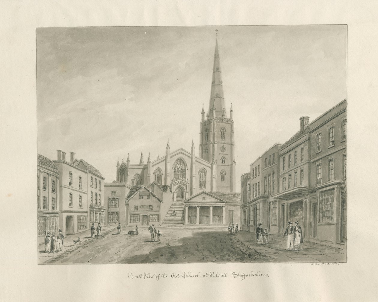 Walsall Town and Church: sépiová lavírovaná kresba od John Buckler