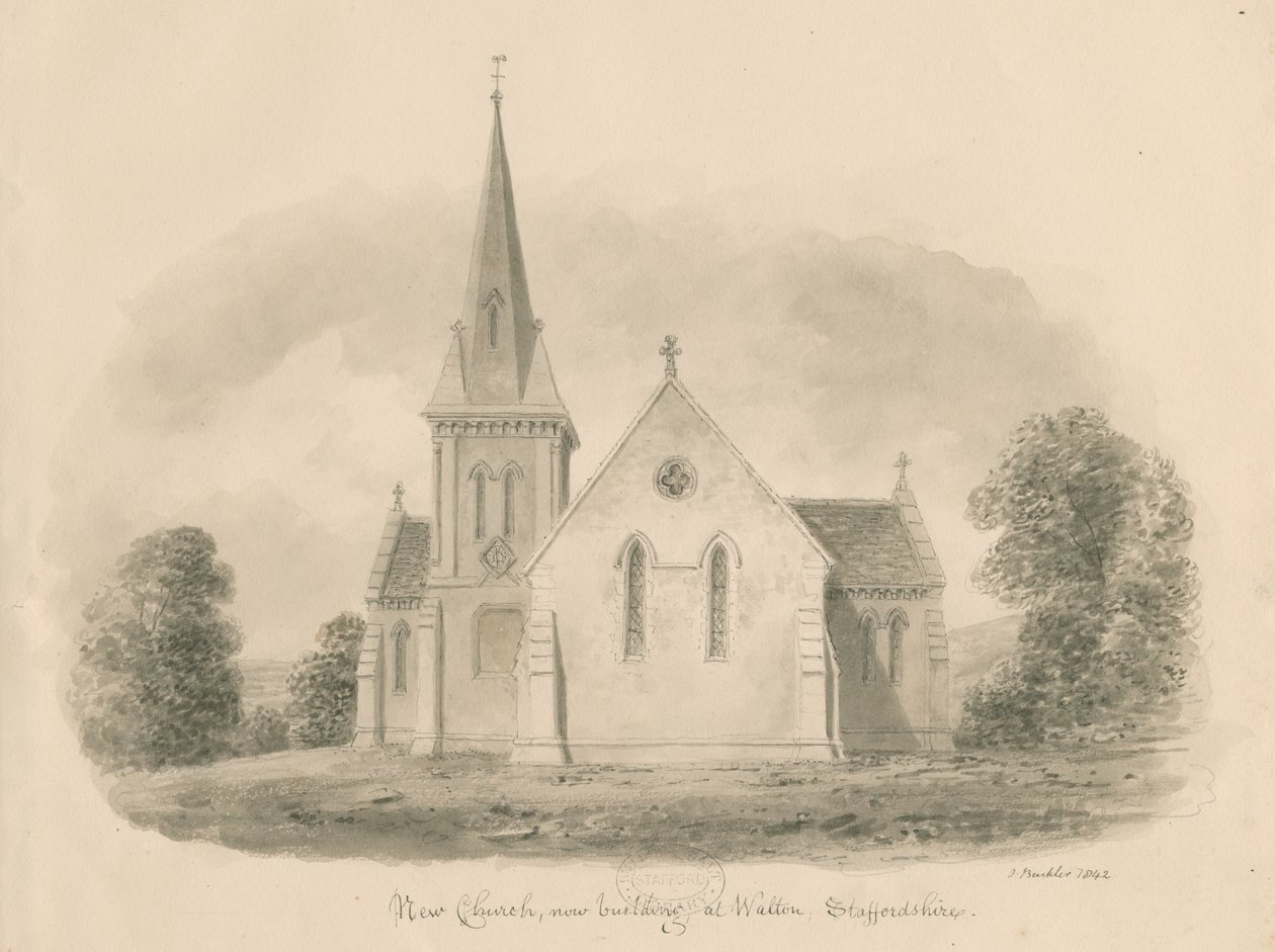Kostel Walton-on-the-Hill: sépiová kresba, 1842 od John Buckler