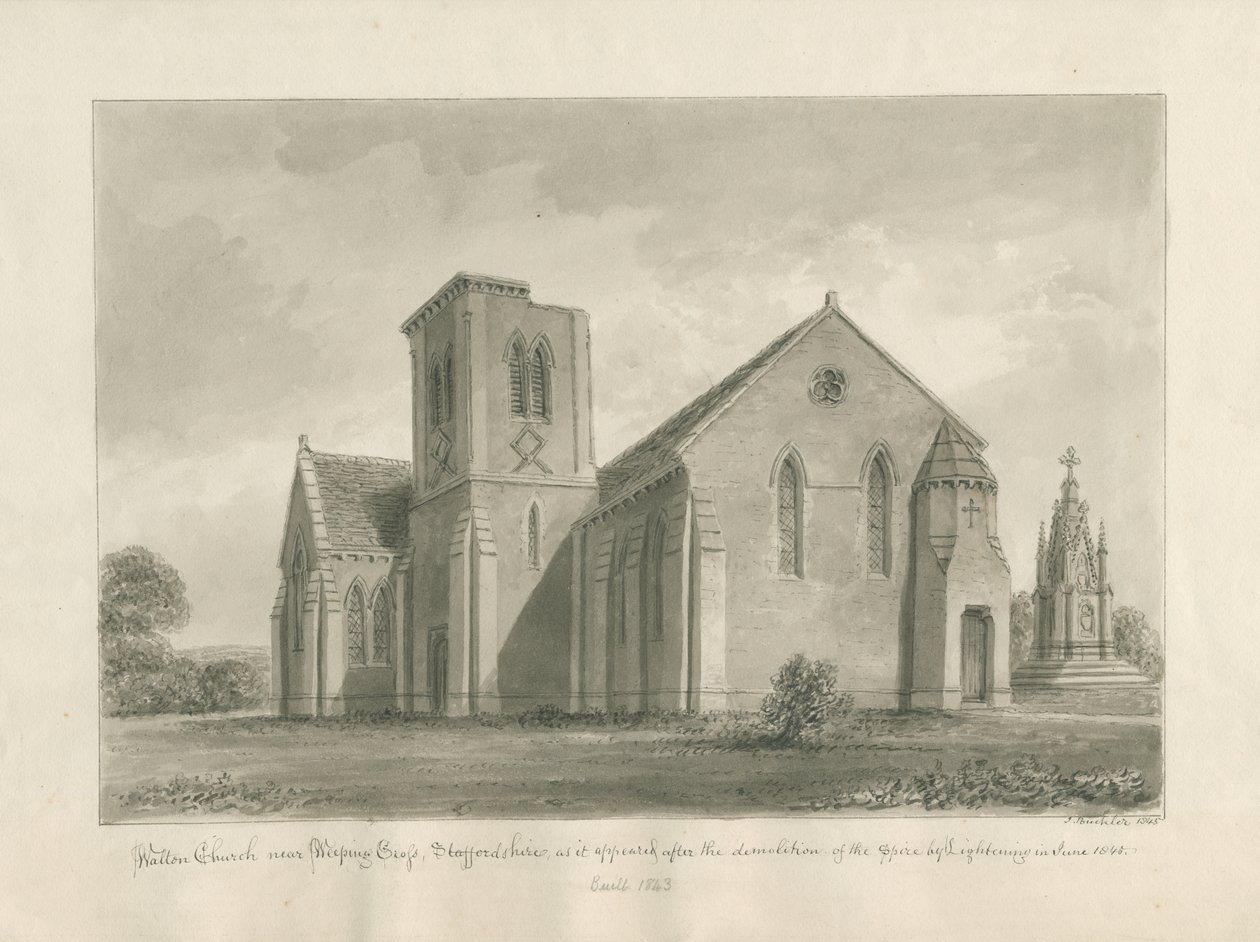 Kostel Walton-on-the-Hill: sépiová kresba, 1844 od John Buckler