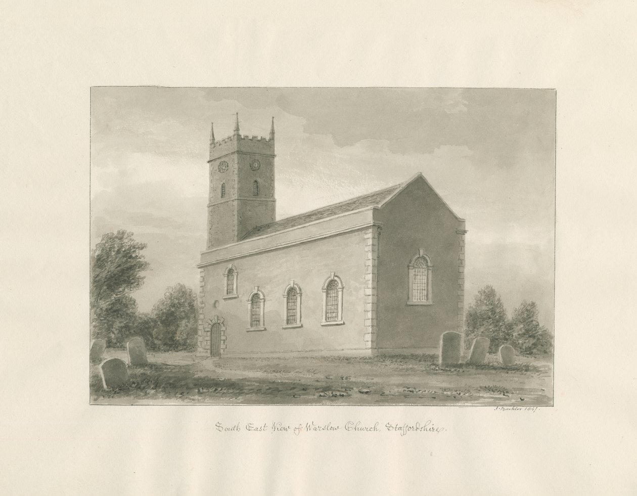 Warslow Church: sépiová kresba od John Buckler