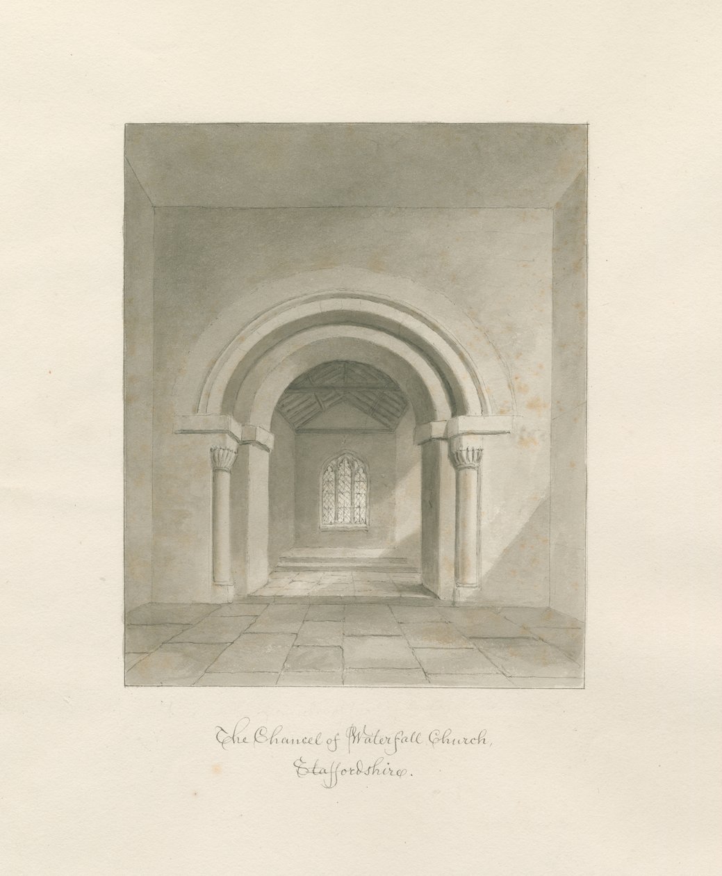 Waterfall Church - Interior of Chancel: sépiová kresba, 1847 od John Buckler
