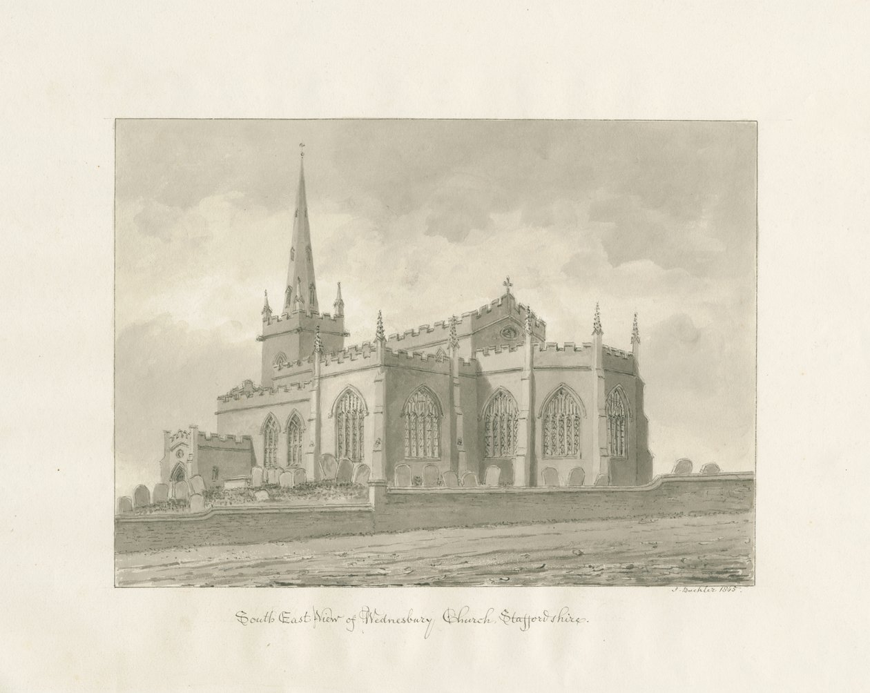 Wednesbury Church: sépiová kresba od John Buckler