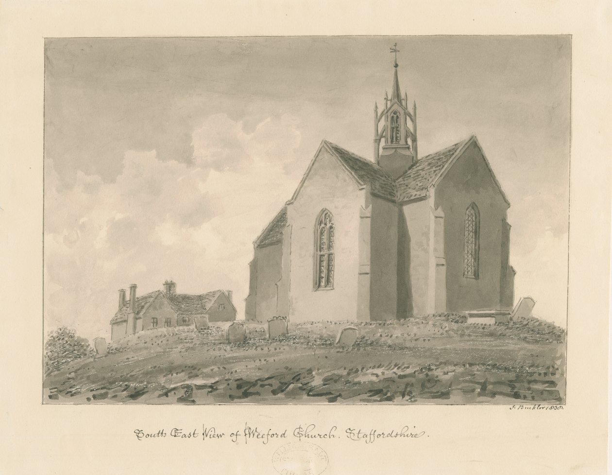 Weeford Church: sépie lavírovaná kresba od John Buckler