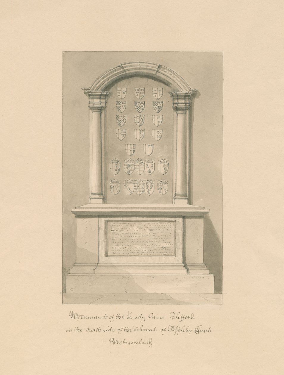Westmorland - Appleby Church - Památník Lady Anne Clifford: kresba v sépii, 1800 od John Buckler