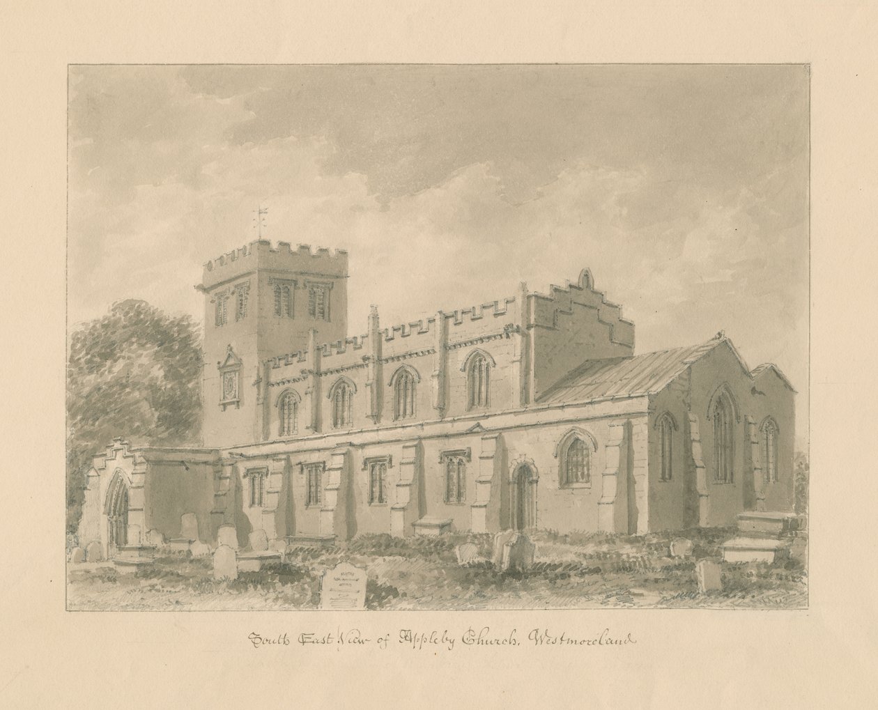 Westmorland - Appleby Church: sépiová kresba, 1800 od John Buckler
