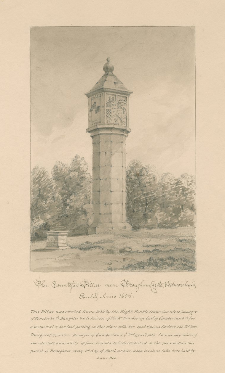 Westmorland - Brougham Castle - Countess Pillar: sépiová kresba, 1800 od John Buckler
