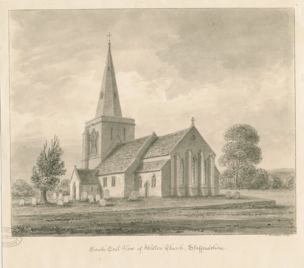 Kostel Weston-on-Trent: sépiová kresba, 1841 od John Buckler