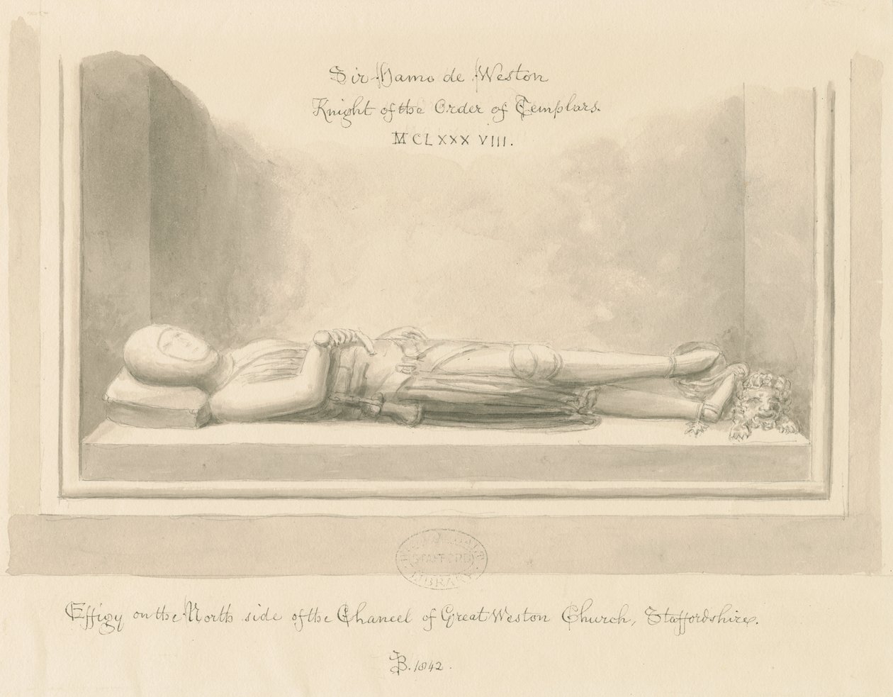 Kostel Weston-under-Lizard - Podobizna Sira Hamo de Westona: sépiová kresba, 1842 od John Buckler
