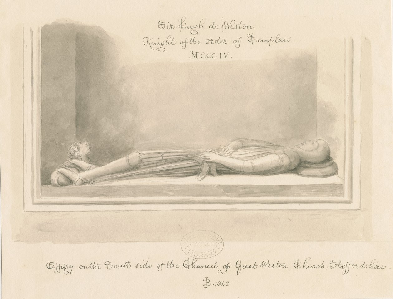 Kostel Weston-under-Lizard - Podobizna sira Hugha de Westona: sépiová kresba, 1842 od John Buckler