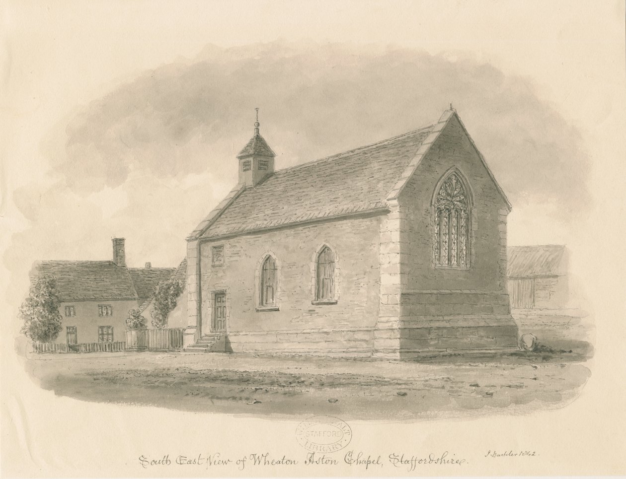 Wheaton Aston Chapel: sépiová lavírovaná kresba od John Buckler