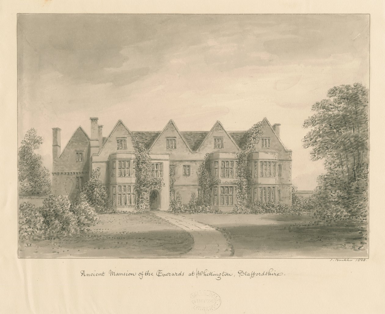 Whittington Hall: sépiová kresba, 1838 od John Buckler