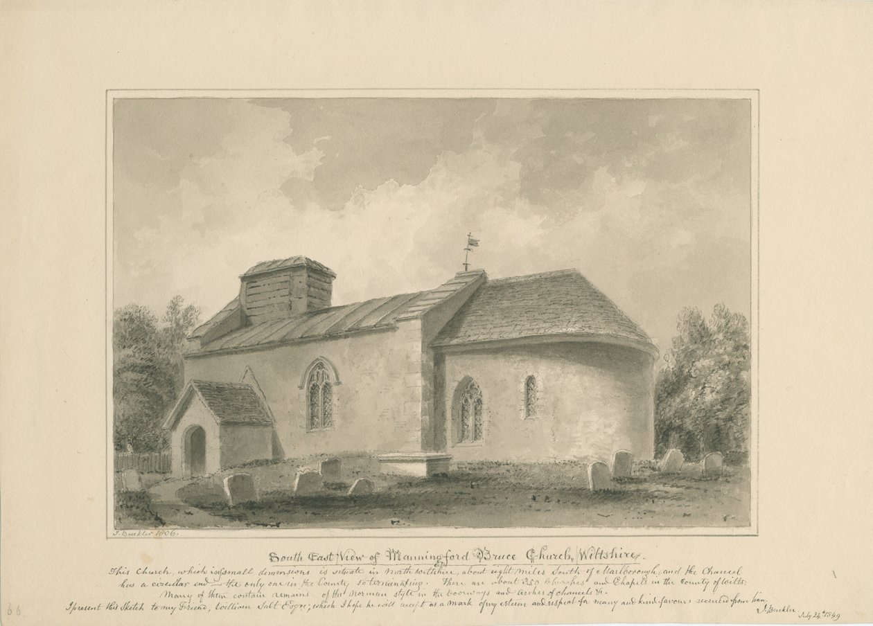 Wiltshire - Manningford Bruce Church: sépiová kresba, 1806 od John Buckler