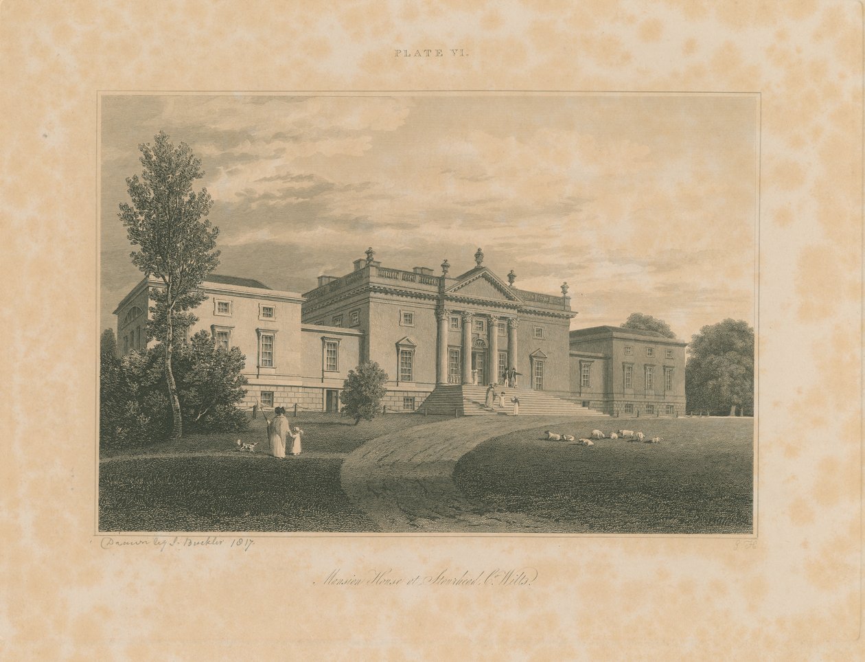 Wiltshire - Stourhead - Mansion: rytina, 1817 od John Buckler