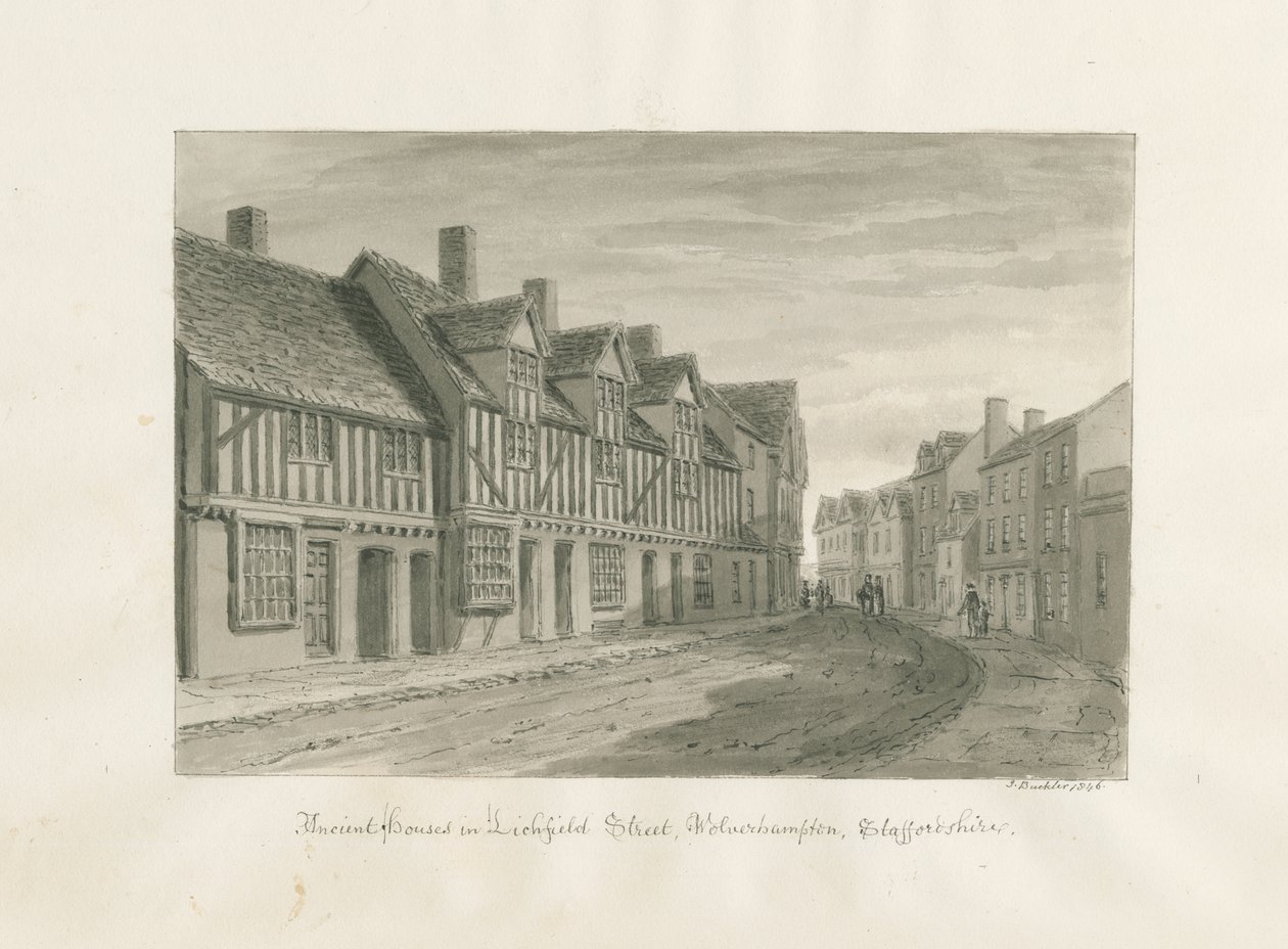 Wolverhampton - Ancient Houses in Lichfield Street: sépiová kresba od John Buckler