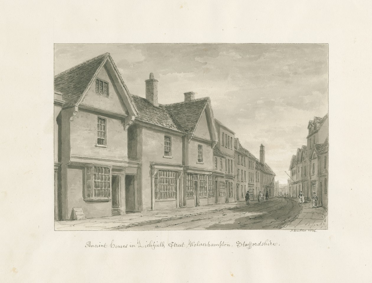 Wolverhampton - Ancient Houses in Lichfield Street: sépiová kresba od John Buckler