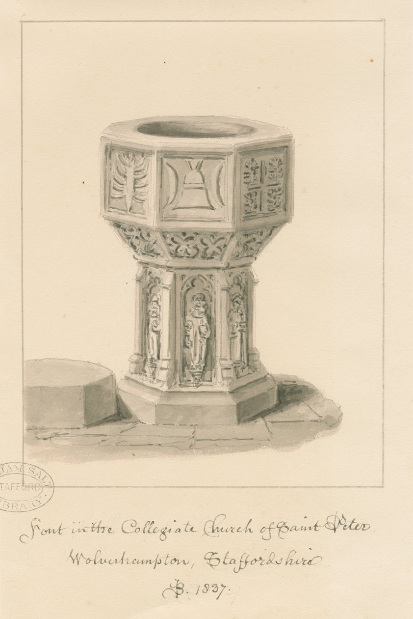 Wolverhampton - Font v kostele svatého Petra: sépiová kresba, 1837 od John Buckler