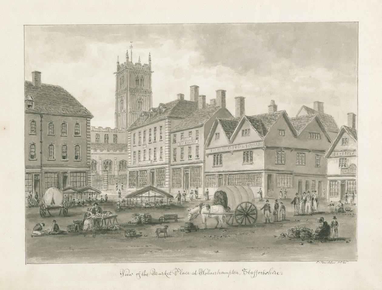 Wolverhampton - Market Place: sépiová kresba od John Buckler